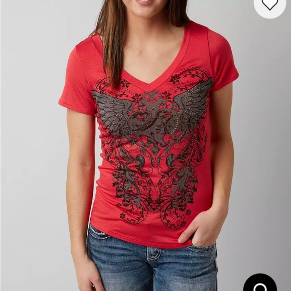 Daytrip Tops - Daytrip Size Xl Cherry Wing Top Short Sleeve Tee Shirt Bling Lace Y2K Rinestones